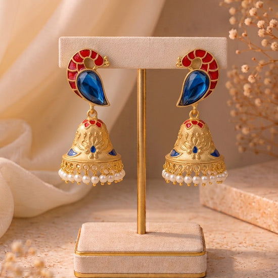 Aaira handcrafted 22kt antique Gold Sapphire Jhumki with Pearls and hand-painted Meena