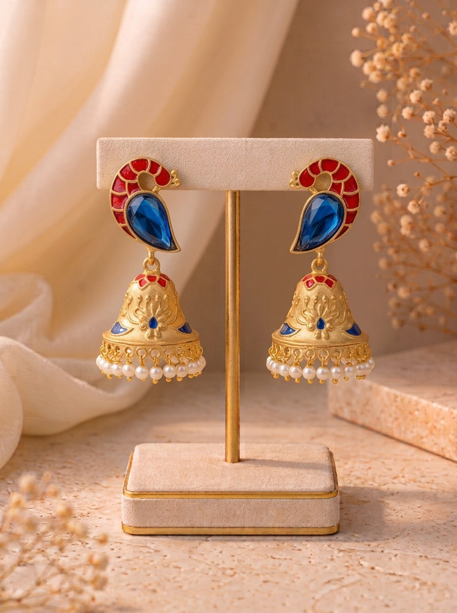 Aaira handcrafted 22kt antique Gold Sapphire Jhumki with Pearls and hand-painted Meena