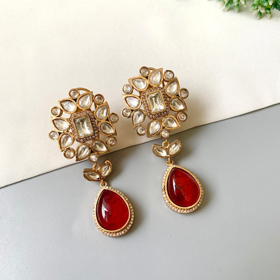 Aurelia Ruby Earrings in 22kt Victorian Gold Matte Finish with American Diamonds, Polki Kundan & Semi-Precious Ruby Doublet Stone by Zamal Jewels