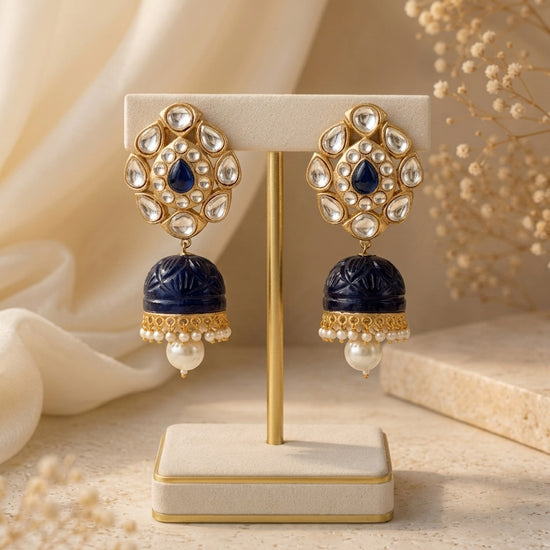 Liora Jhumka with Polki Kundan, hand-carved Sapphire and Pearls in 22kt Gold plating