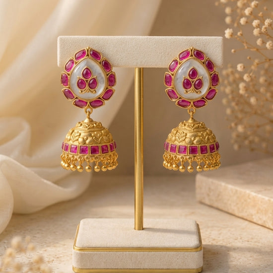 Mehar Pink handcrafted 22kt Gold plated Jhumka earrings featuring semi-precious Ruby and natural gemstones
