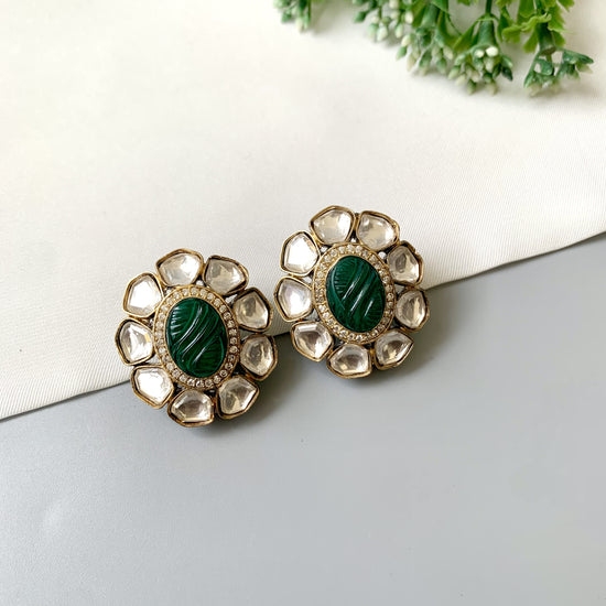 Nayab Emerald Studs with hand-carved Emerald, Polki Kundan, and American Diamonds in 22kt Victorian gold plating by Zamal Jewels