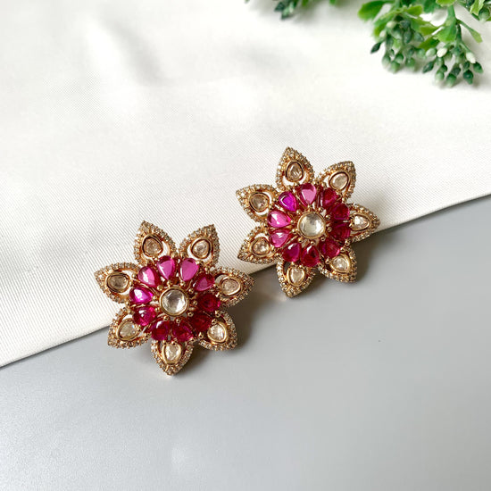 Detachable handcrafted ruby floral studs with Victorian rose gold plating, Polki Kundan, and American Diamonds by Zamal Jewels
