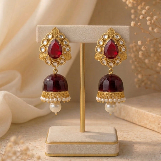 Seren handcrafted 22kt gold plated Jhumka featuring Polki Kundan, semi-precious Ruby and Pearls