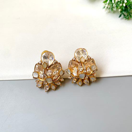 Alina mother of pearl designer studs in Victorian gold plating with moissanite kundan