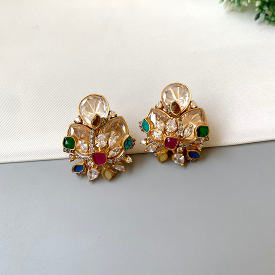Alina multi gemstone designer studs in Victorian gold plating with moissanite kundan and navratan stones