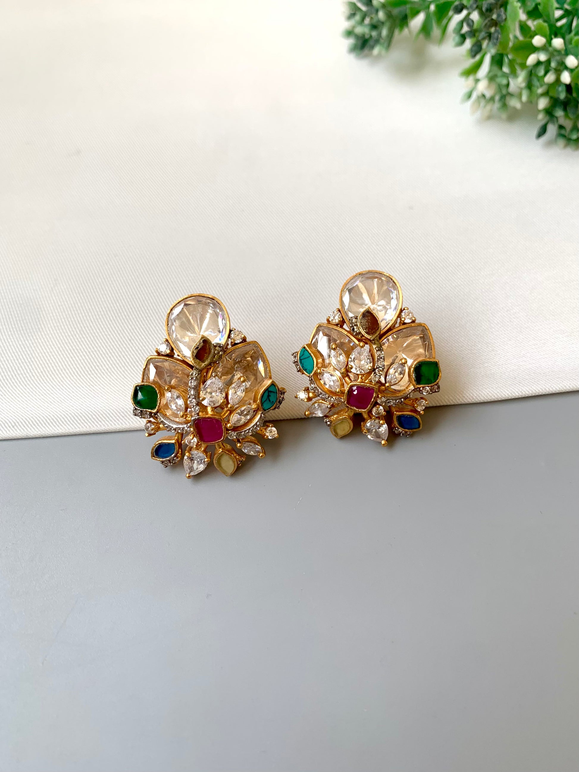 Alina multi gemstone designer studs in Victorian gold plating with moissanite kundan and navratan stones