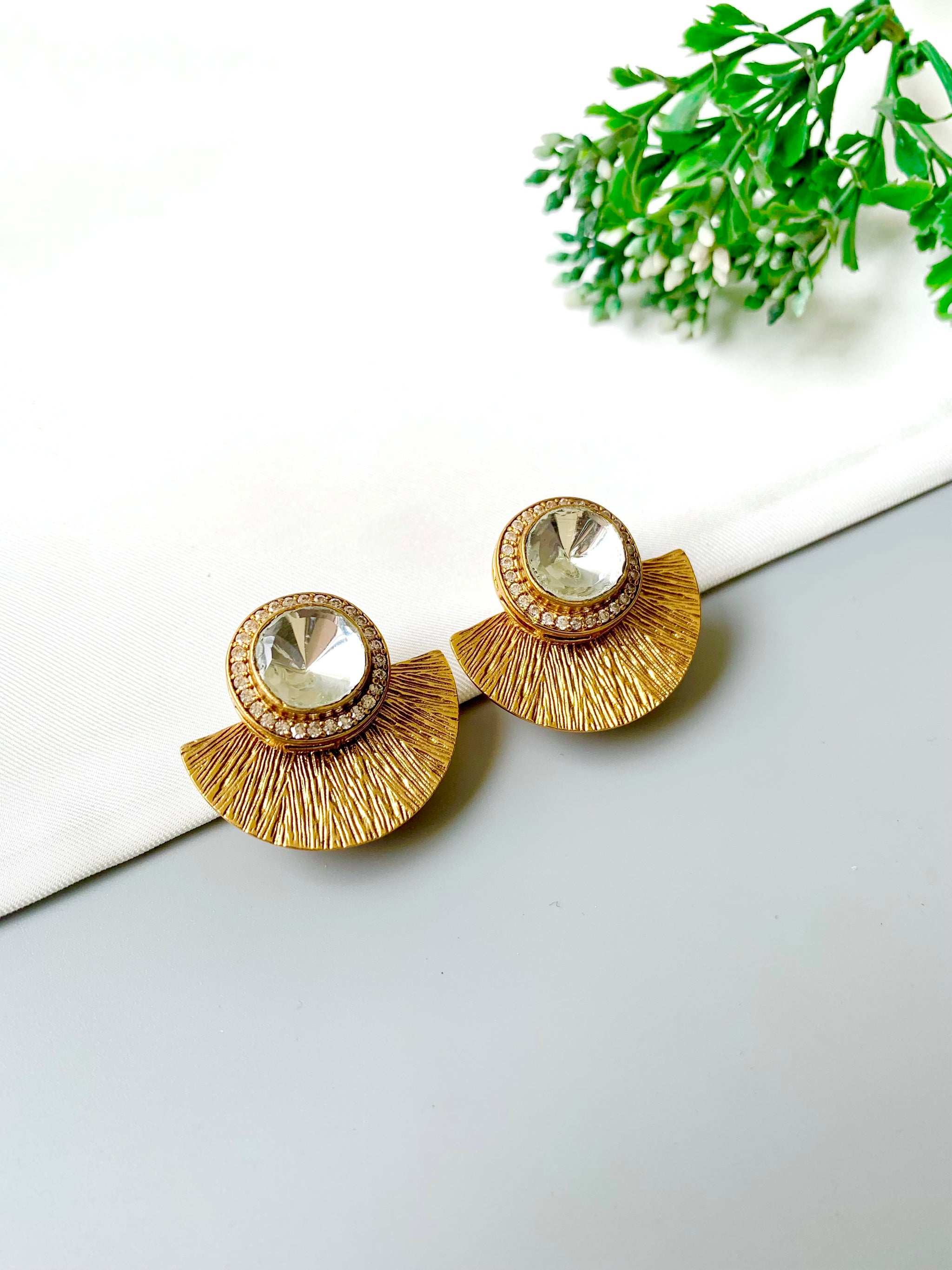Anvitha handcrafted 22kt gold plated studs with moissanite kundan and American diamonds