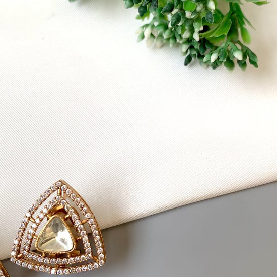 Raavi handcrafted 22kt Victorian gold plated designer studs with American diamonds and moissanite kundan