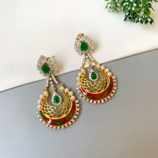 Fareda handcrafted 22kt gold plated designer earrings with emerald, pearls and hand painted meena