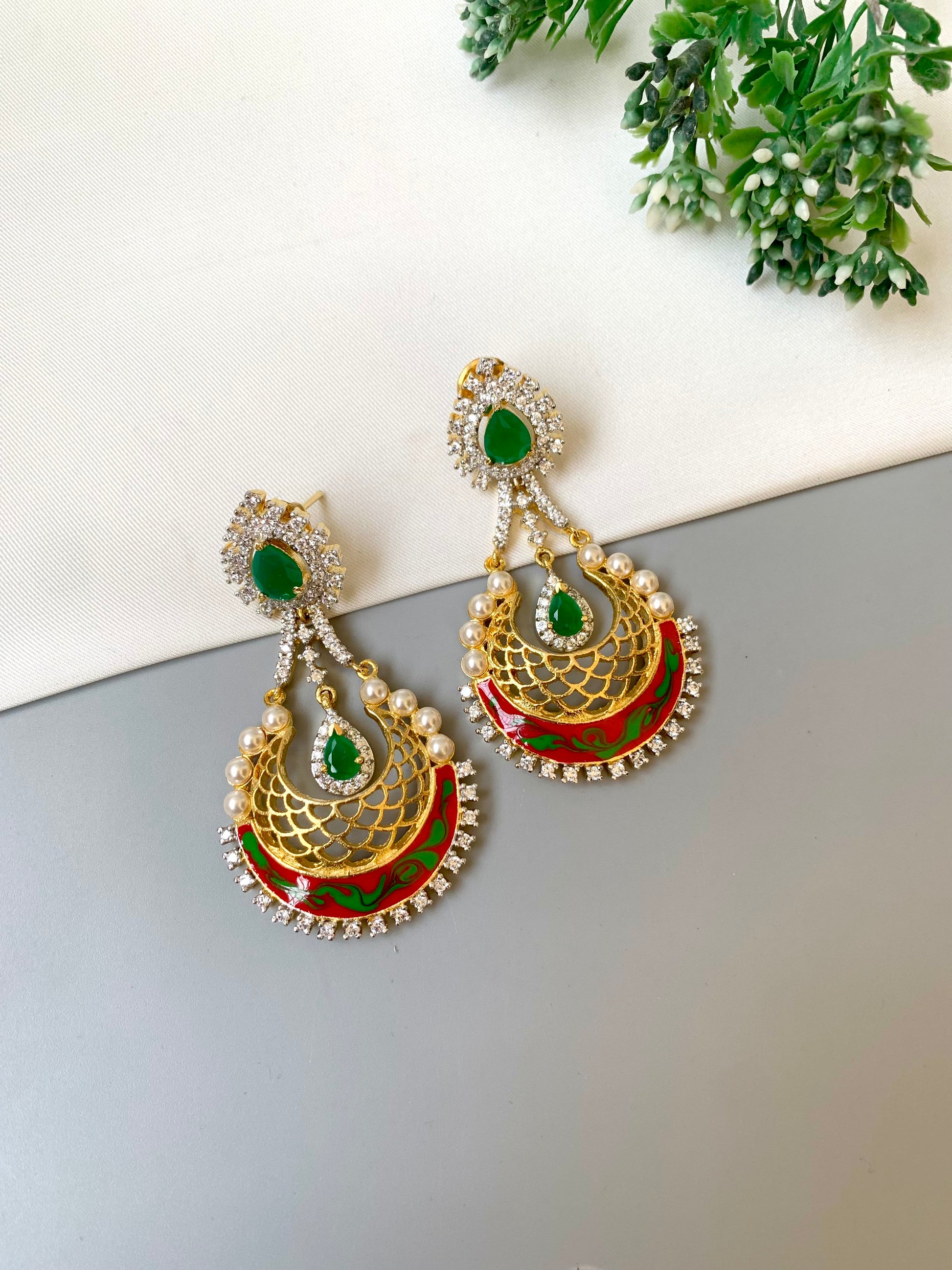 Fareda handcrafted 22kt gold plated designer earrings with emerald, pearls and hand painted meena