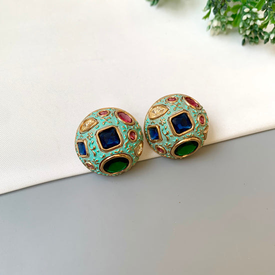 Gina handcrafted Victorian gold antique finish studs with ruby, citrine, emerald, sapphire and hand painted meena