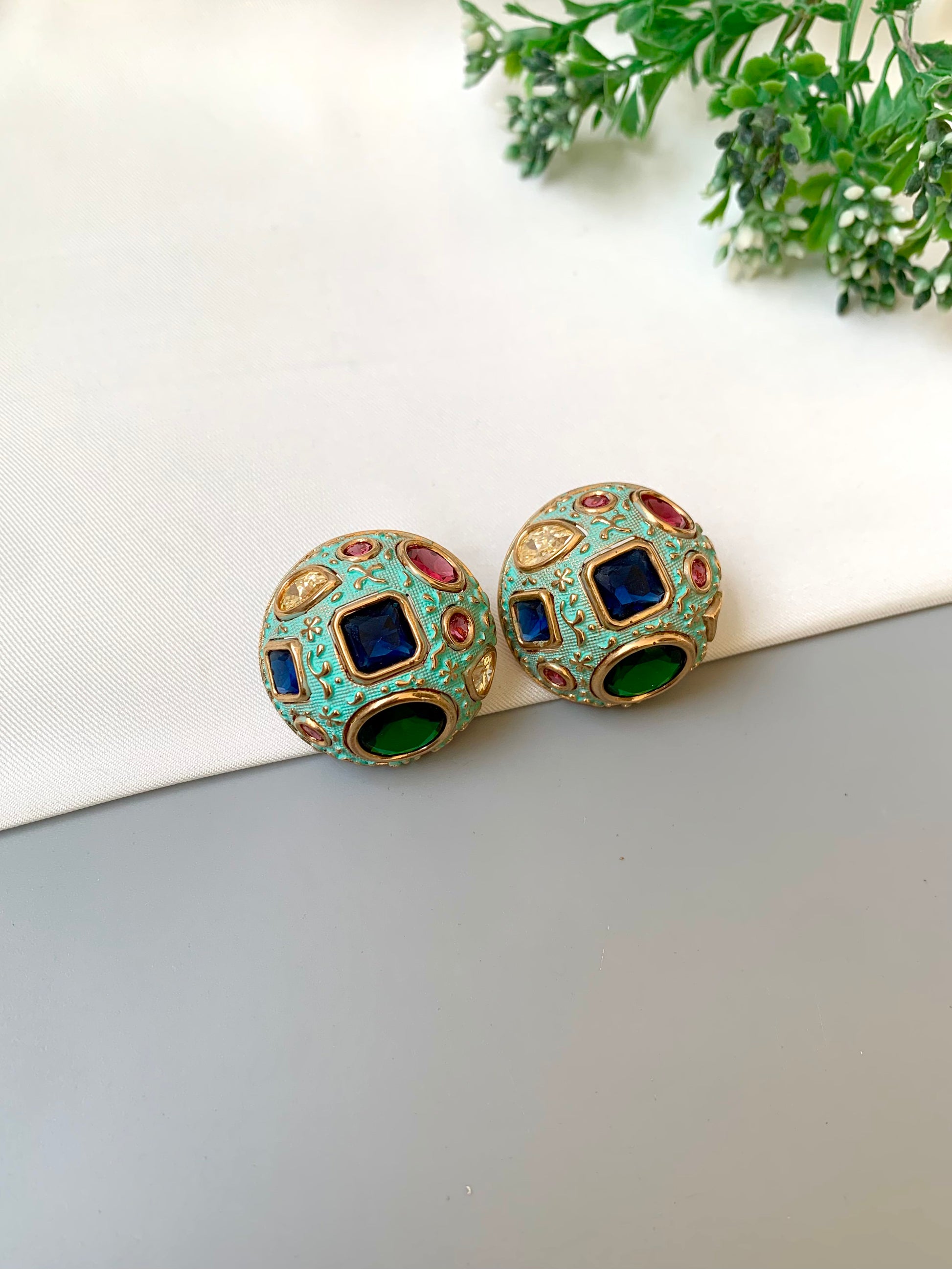 Gina handcrafted Victorian gold antique finish studs with ruby, citrine, emerald, sapphire and hand painted meena