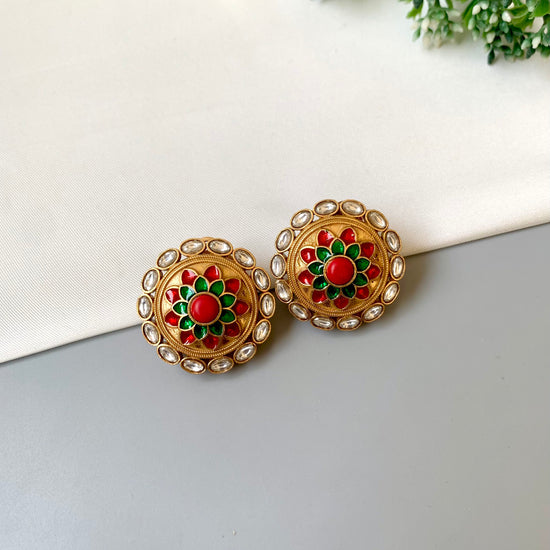 Joda Coral handcrafted Victorian gold antique finish studs with polki kundan and hand painted meena