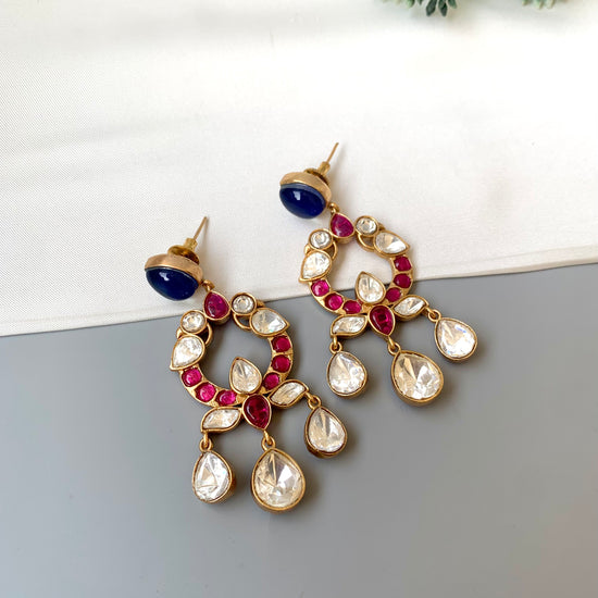 Liz ruby sapphire moissanite kundan earrings in victorian gold plating