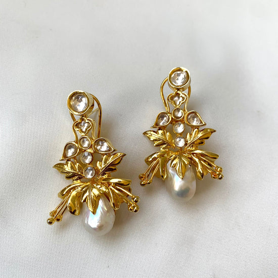 Rangrez handcrafted gold plated designer earrings with baroque pearls and polki kundan