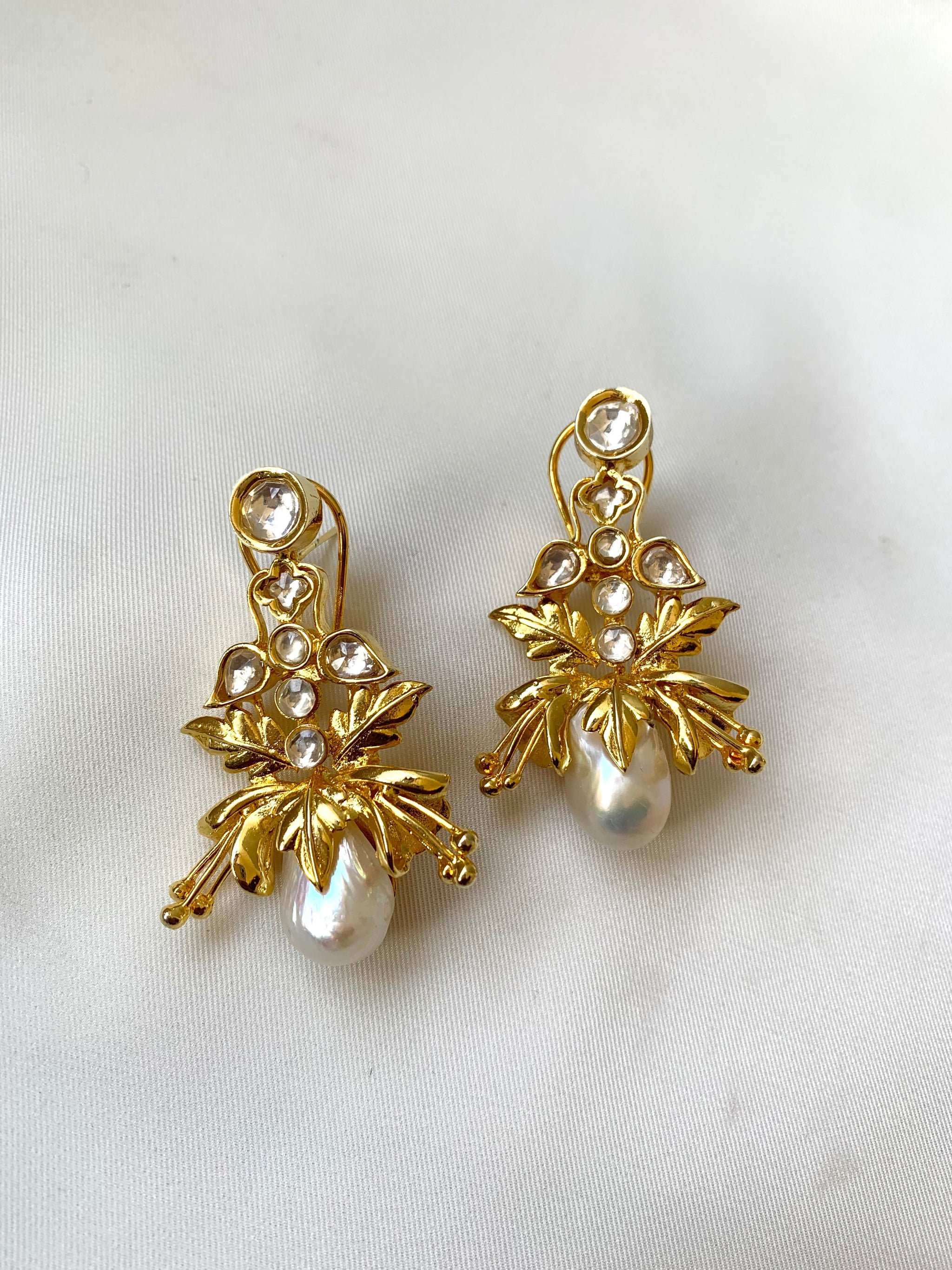 Rangrez handcrafted gold plated designer earrings with baroque pearls and polki kundan