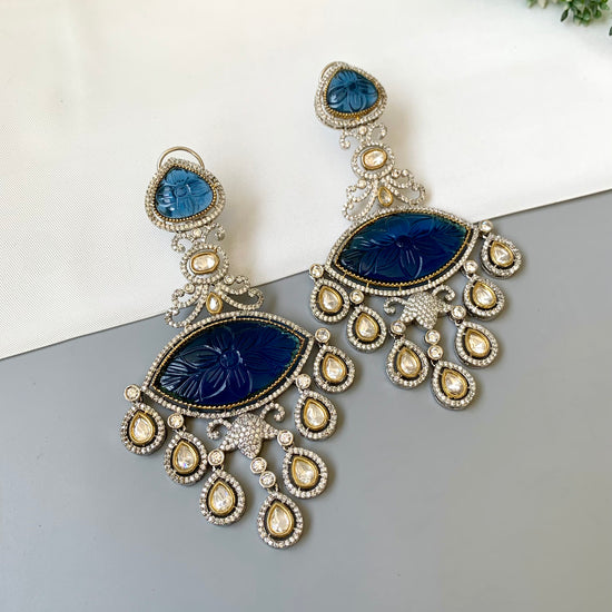 Simona sapphire designer danglers in rhodium oxidized finish with polki kundan and american diamonds