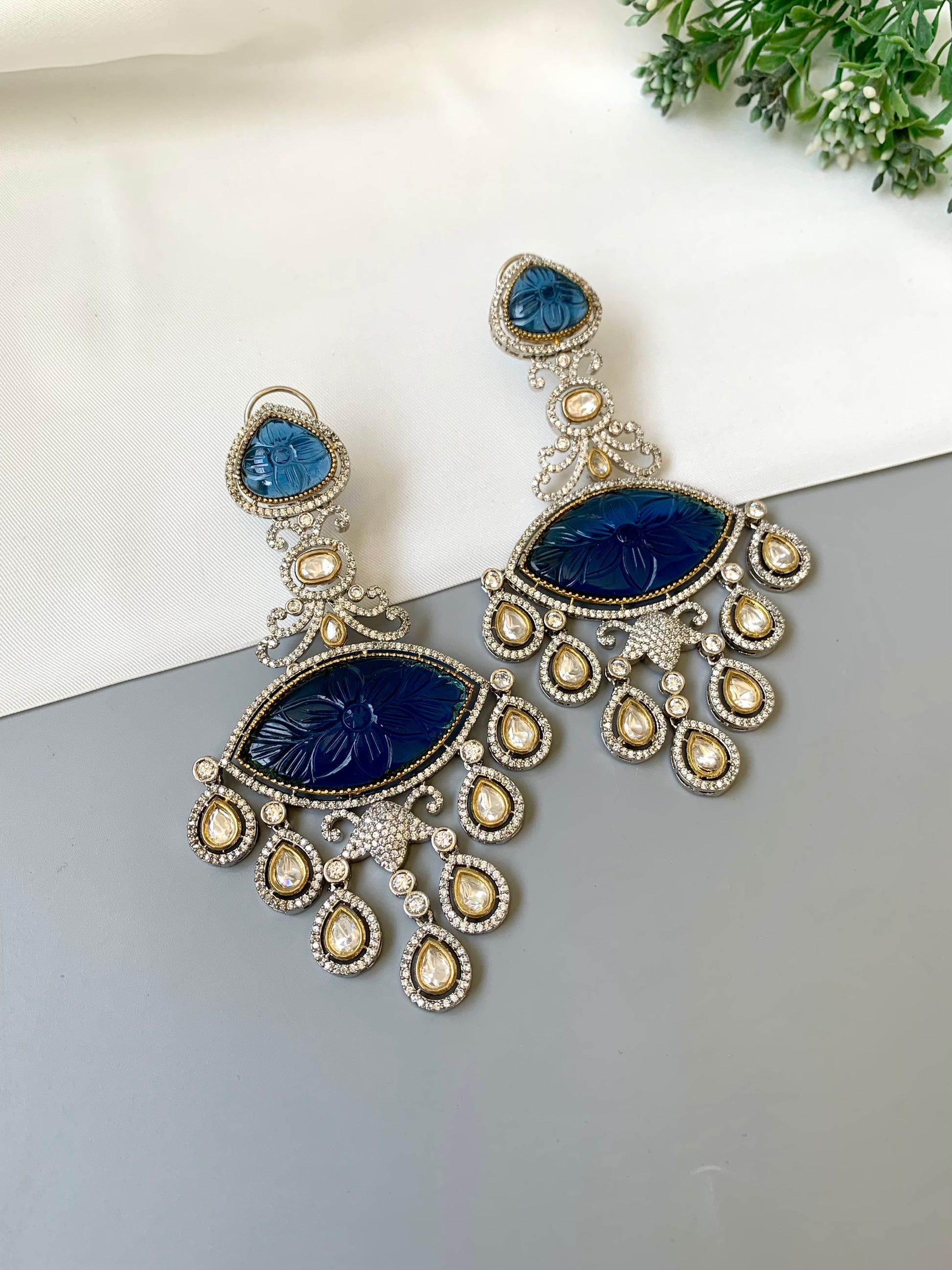 Simona sapphire designer danglers in rhodium oxidized finish with polki kundan and american diamonds