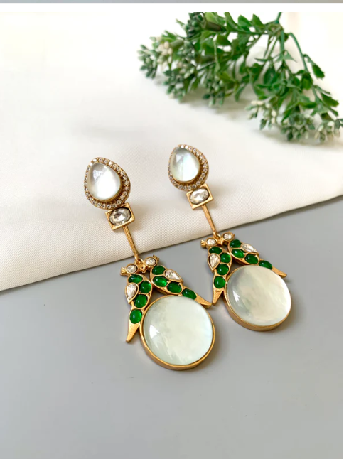 Zariel ivory emerald designer earrings in Victorian gold plating with moissanite kundan and emerald stones