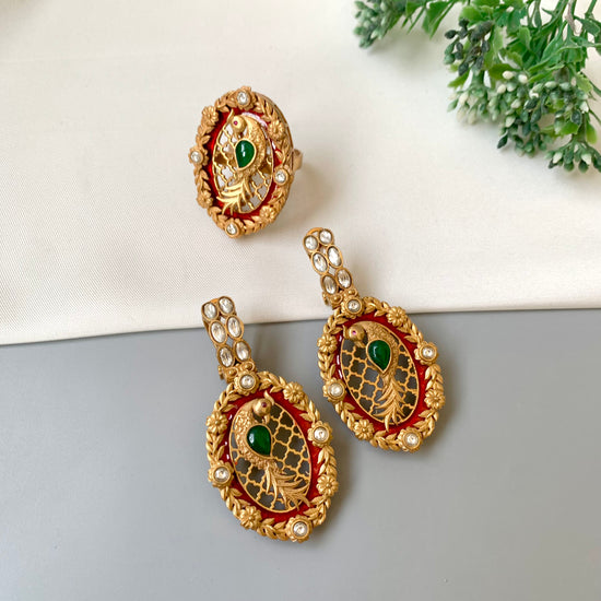 Zariya handcrafted gold plated combo set with moissanite kundan, emerald and hand painted meena including earrings and adjustable ring