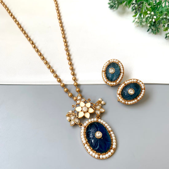 Zayra Victorian gold antique pendant set with hand carved sapphire, moissanite kundan and pearls