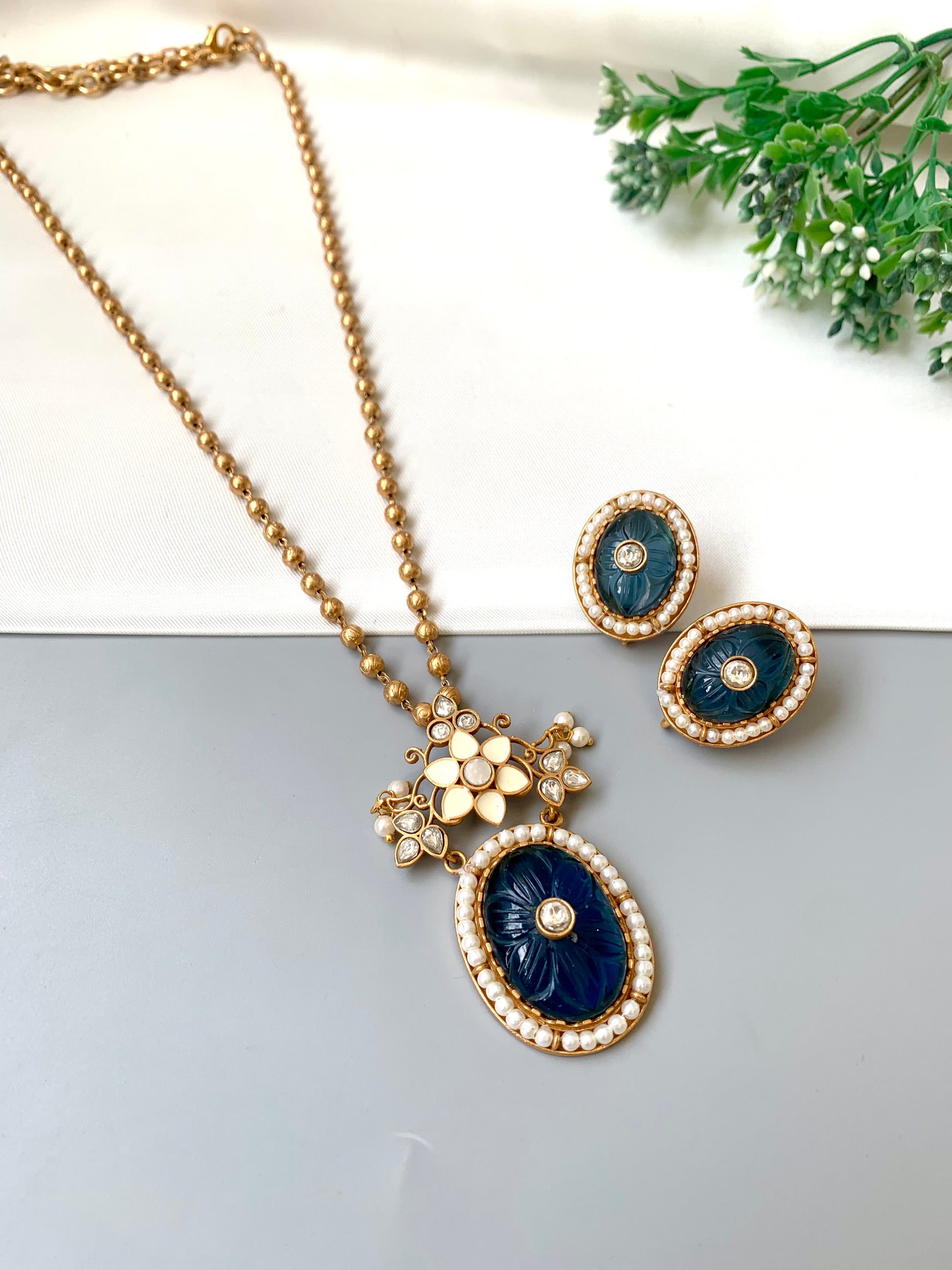 Zayra Victorian gold antique pendant set with hand carved sapphire, moissanite kundan and pearls