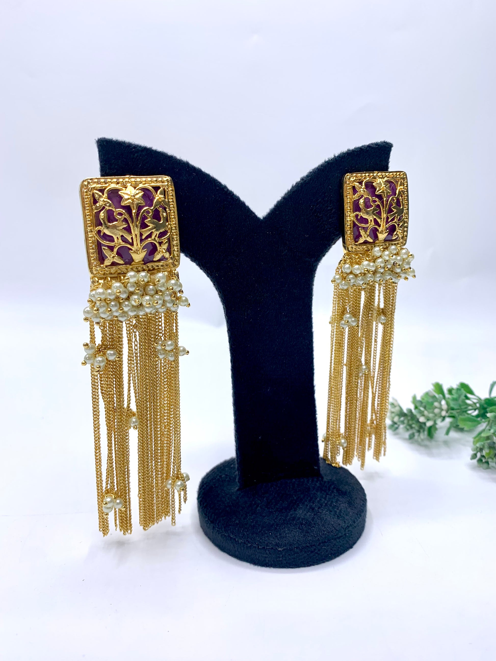 Prisha filigree chain earrings in 22kt gold plating with semi precious pearls and amethyst stones