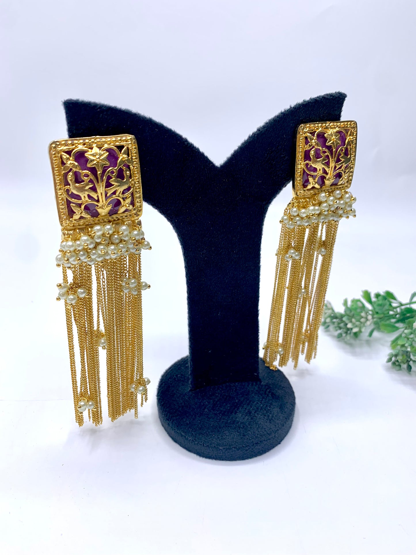 Prisha filigree chain earrings in 22kt gold plating with semi precious pearls and amethyst stones