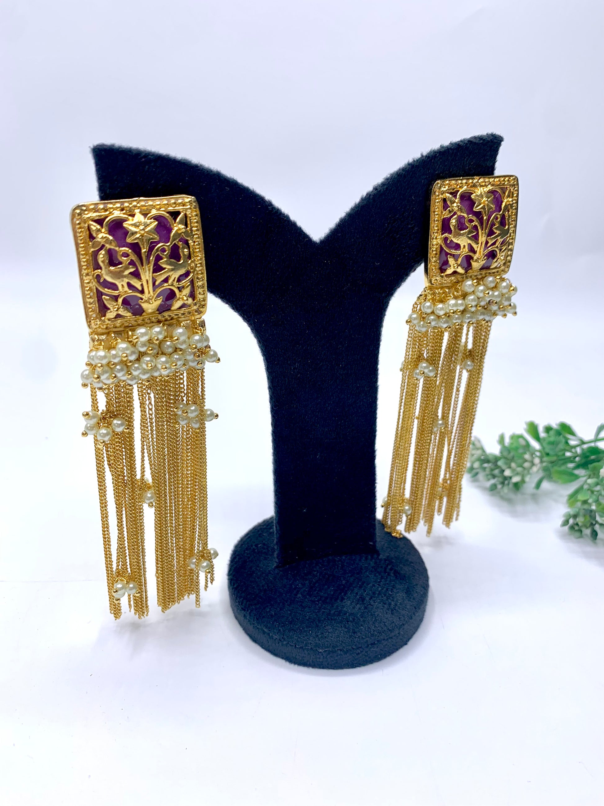 Prisha filigree chain earrings in 22kt gold plating with semi precious pearls and amethyst stones
