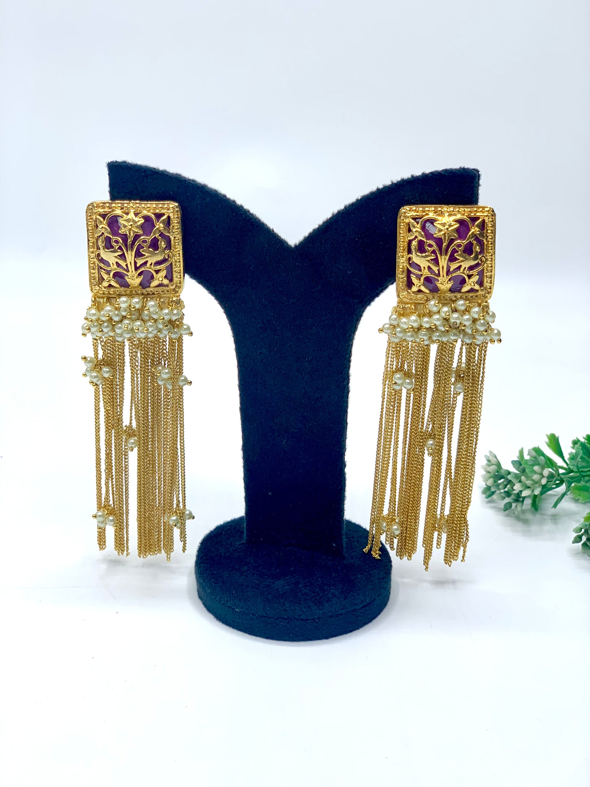 Prisha filigree chain earrings in 22kt gold plating with semi precious pearls and amethyst stones