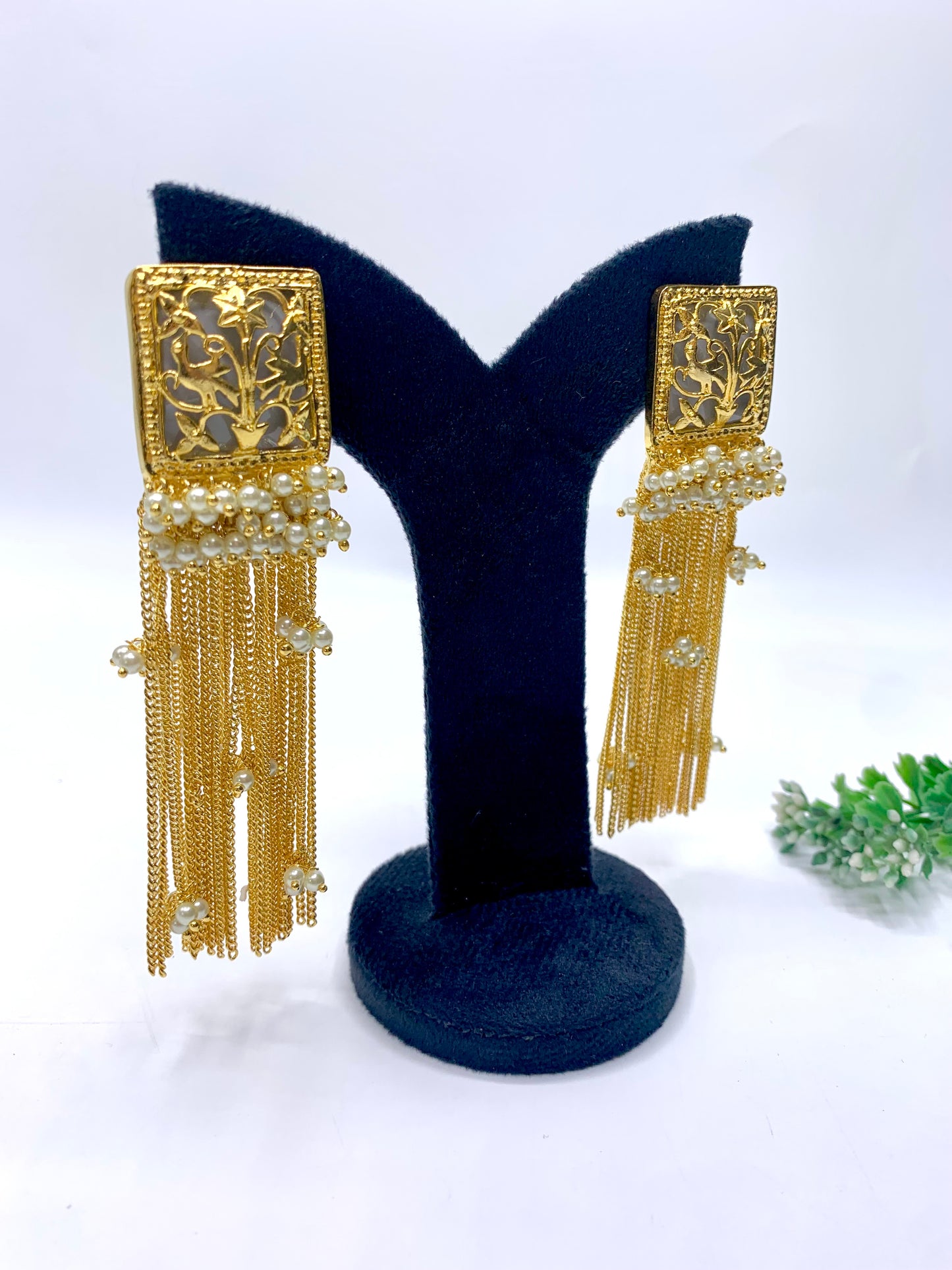 Prisha filigree chain earrings in 22kt gold plating with semi precious pearls and ivory stones