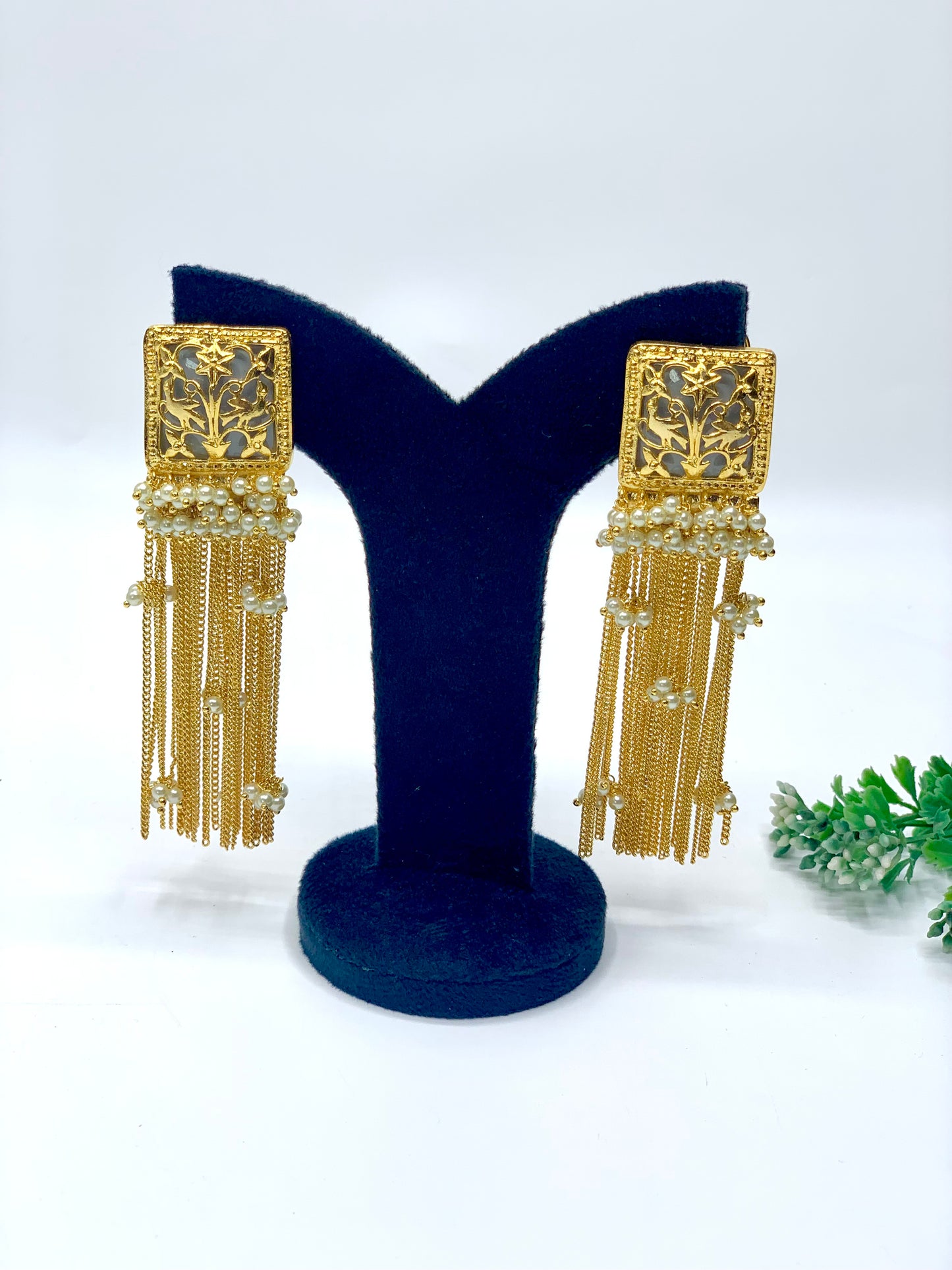 Prisha filigree chain earrings in 22kt gold plating with semi precious pearls and ivory stones
