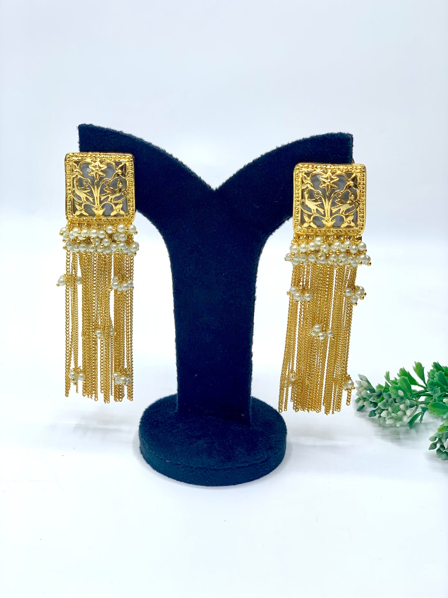 Prisha filigree chain earrings in 22kt gold plating with semi precious pearls and ivory stones