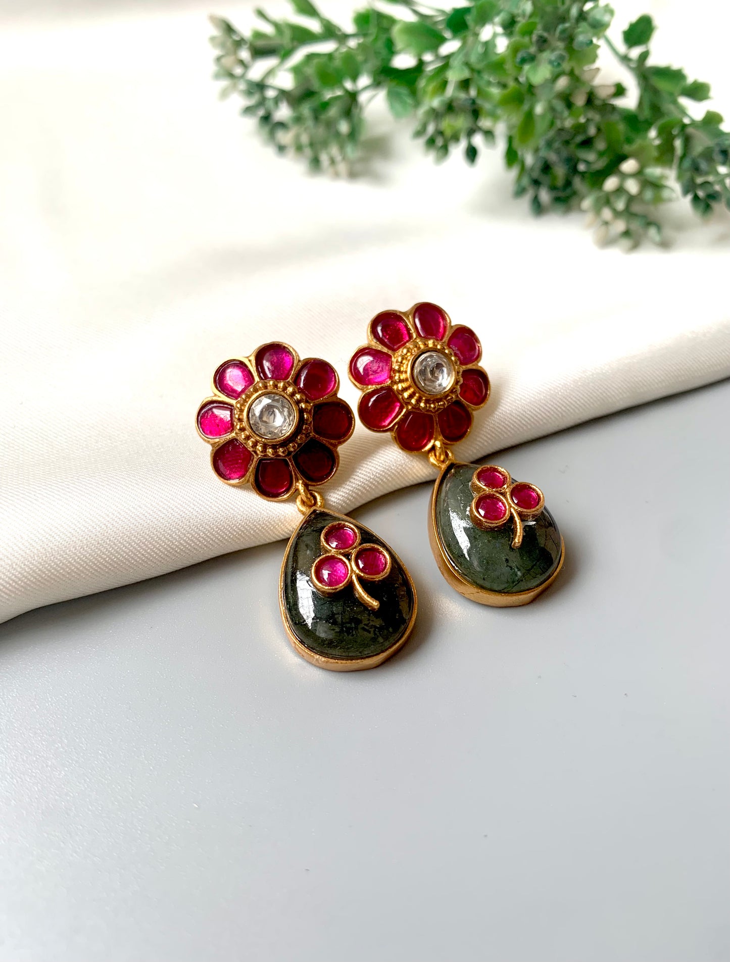 Green jade drop earrings with ruby flower tops and antique gold finish – Zamal Jewels