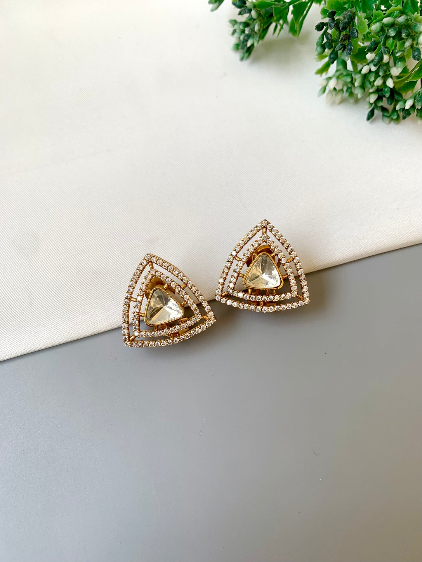 Raavi handcrafted 22kt Victorian gold plated designer studs with American diamonds and moissanite kundan