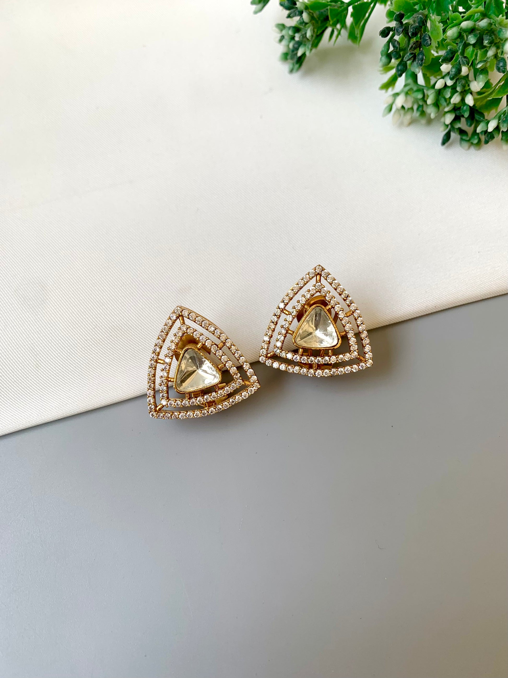 Raavi handcrafted 22kt Victorian gold plated designer studs with American diamonds and moissanite kundan