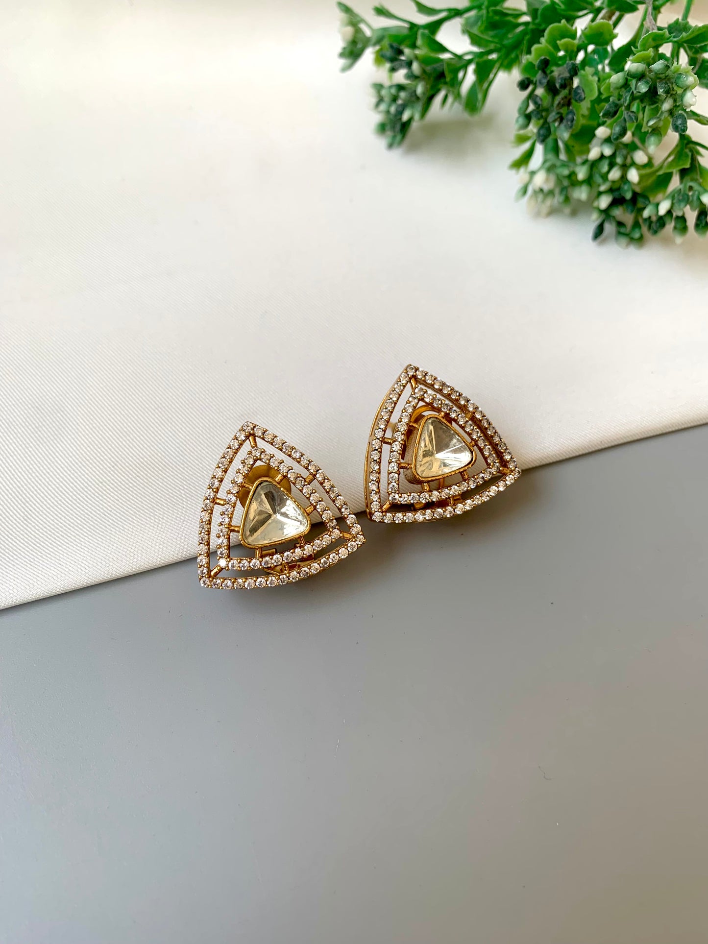 Raavi handcrafted 22kt Victorian gold plated designer studs with American diamonds and moissanite kundan