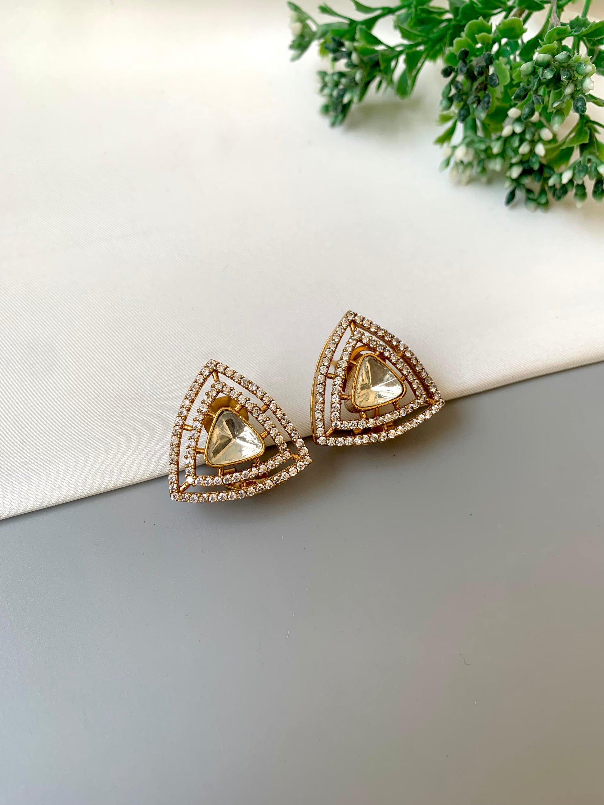 Raavi handcrafted 22kt Victorian gold plated designer studs with American diamonds and moissanite kundan