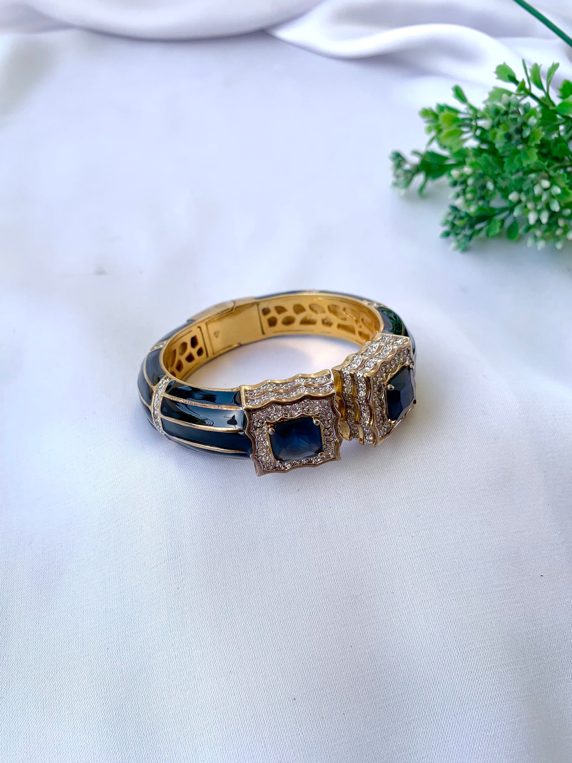 Railey designer bangle in 22kt gold plating with American diamonds, sapphire stones and hand painted meena