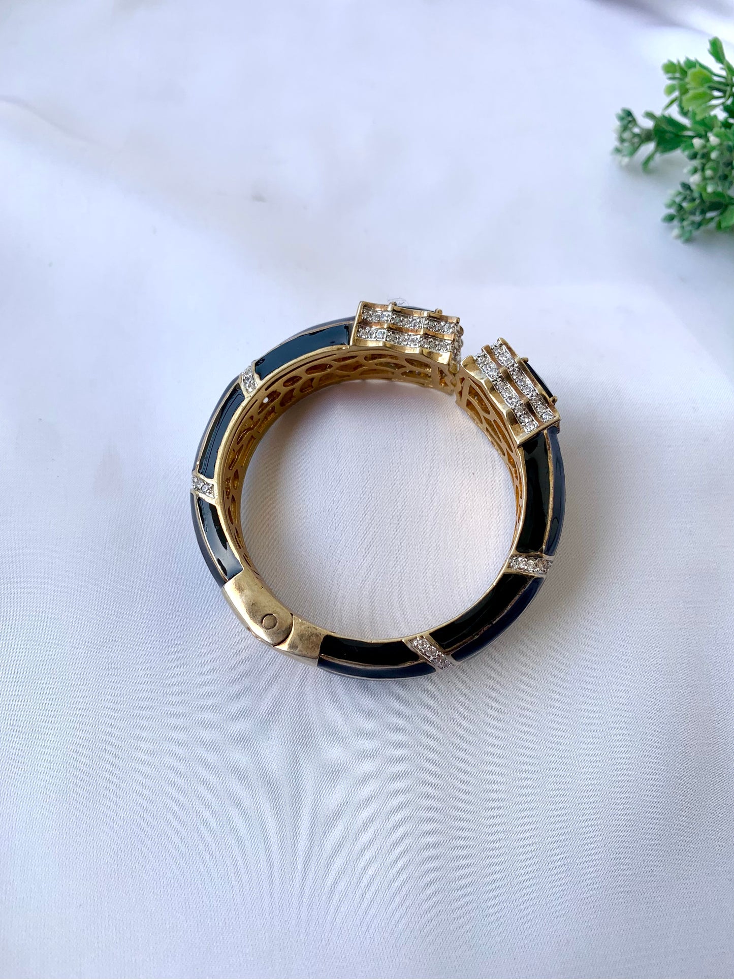 Railey designer bangle in 22kt gold plating with American diamonds, sapphire stones and hand painted meena