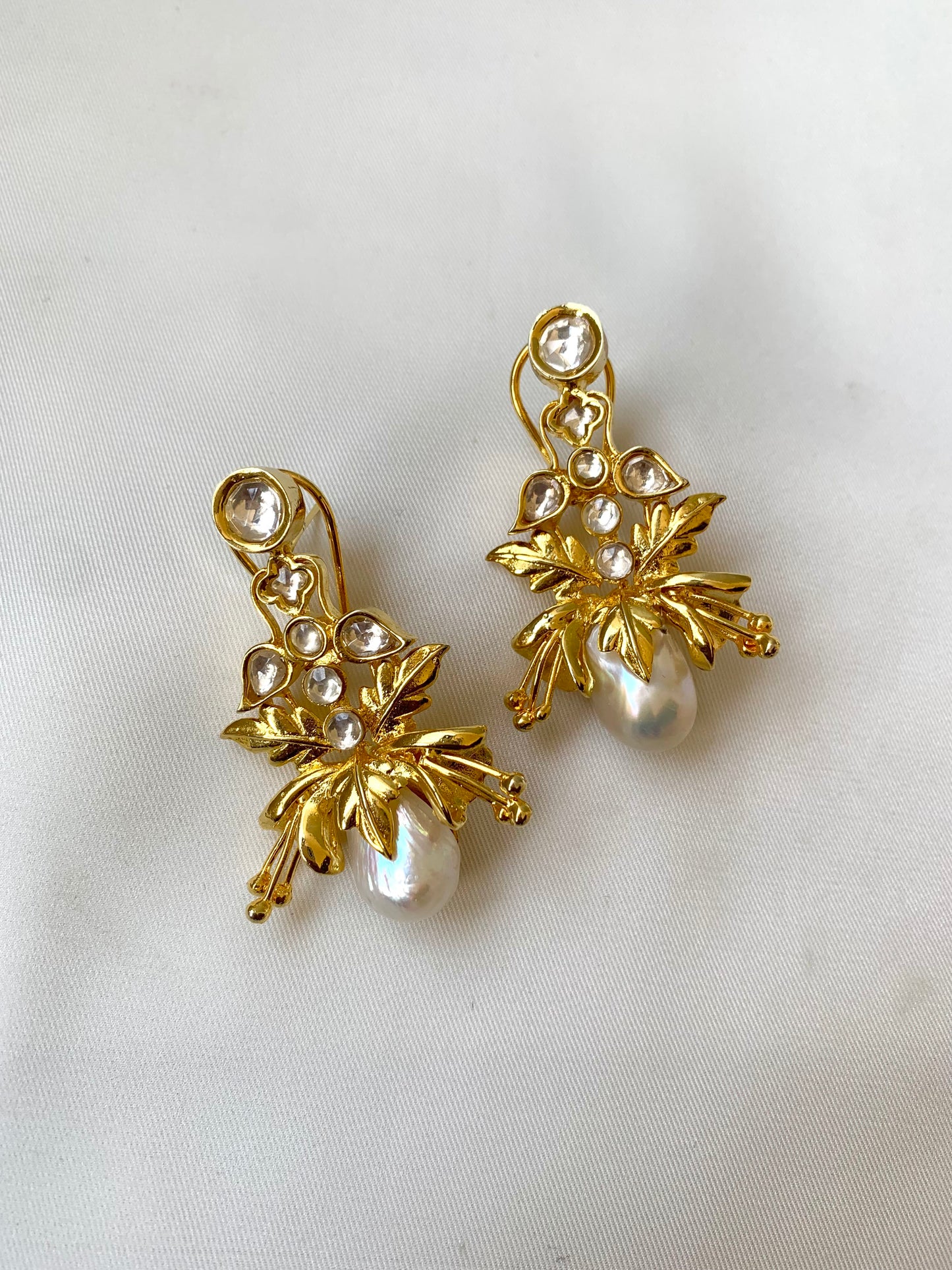 Rangrez handcrafted gold plated designer earrings with baroque pearls and polki kundan