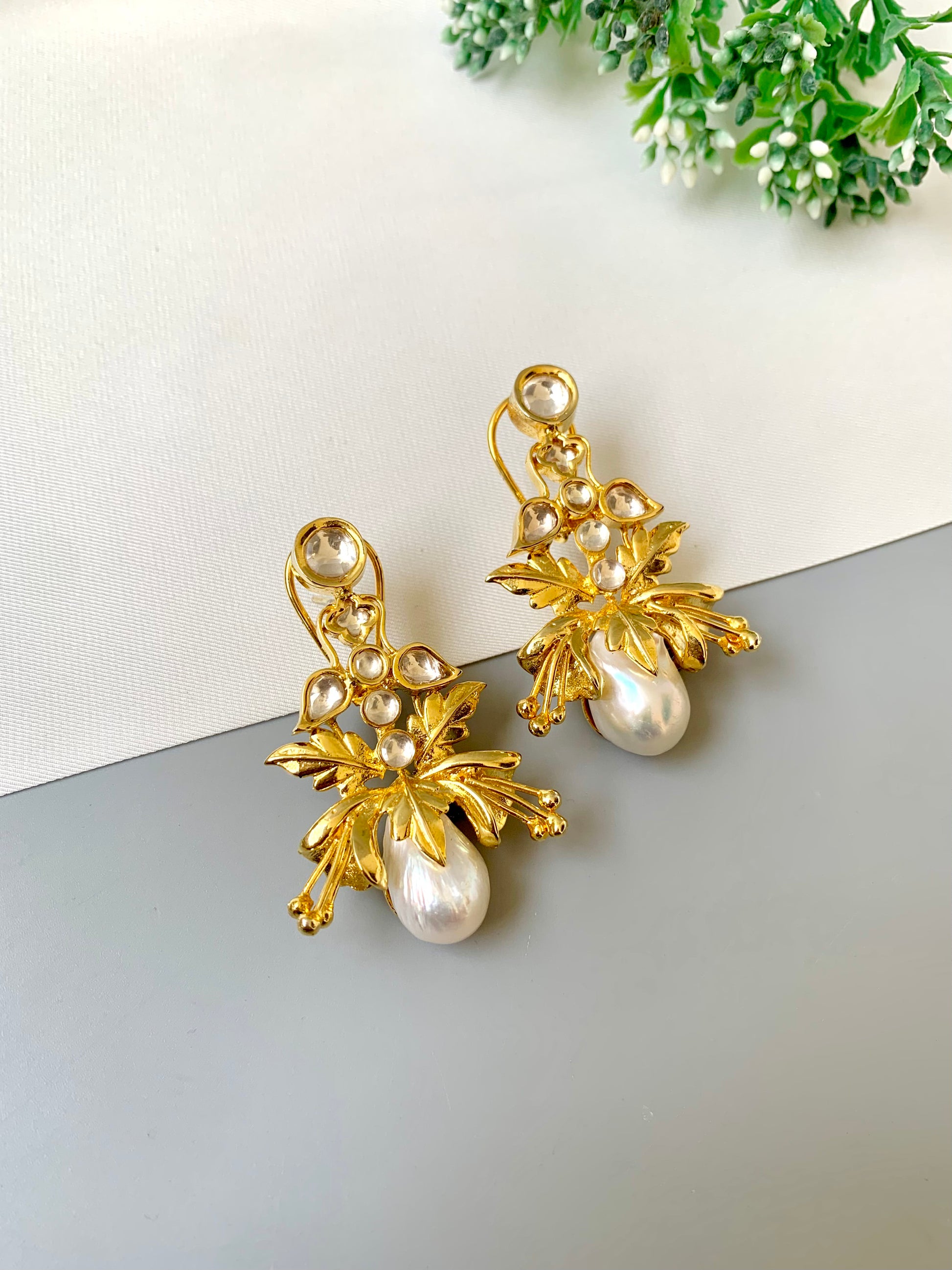 Rangrez handcrafted gold plated designer earrings with baroque pearls and polki kundan