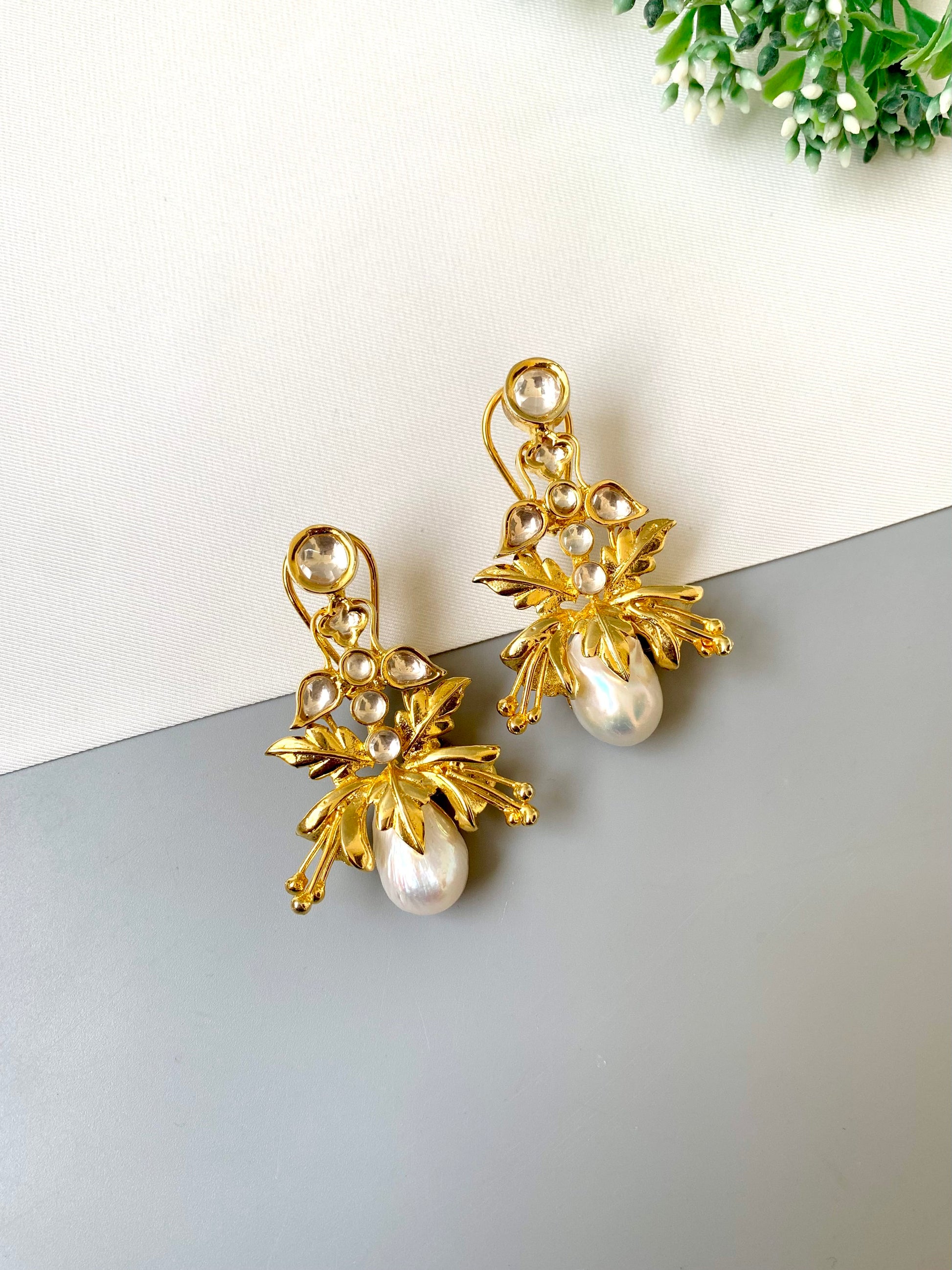 Rangrez handcrafted gold plated designer earrings with baroque pearls and polki kundan