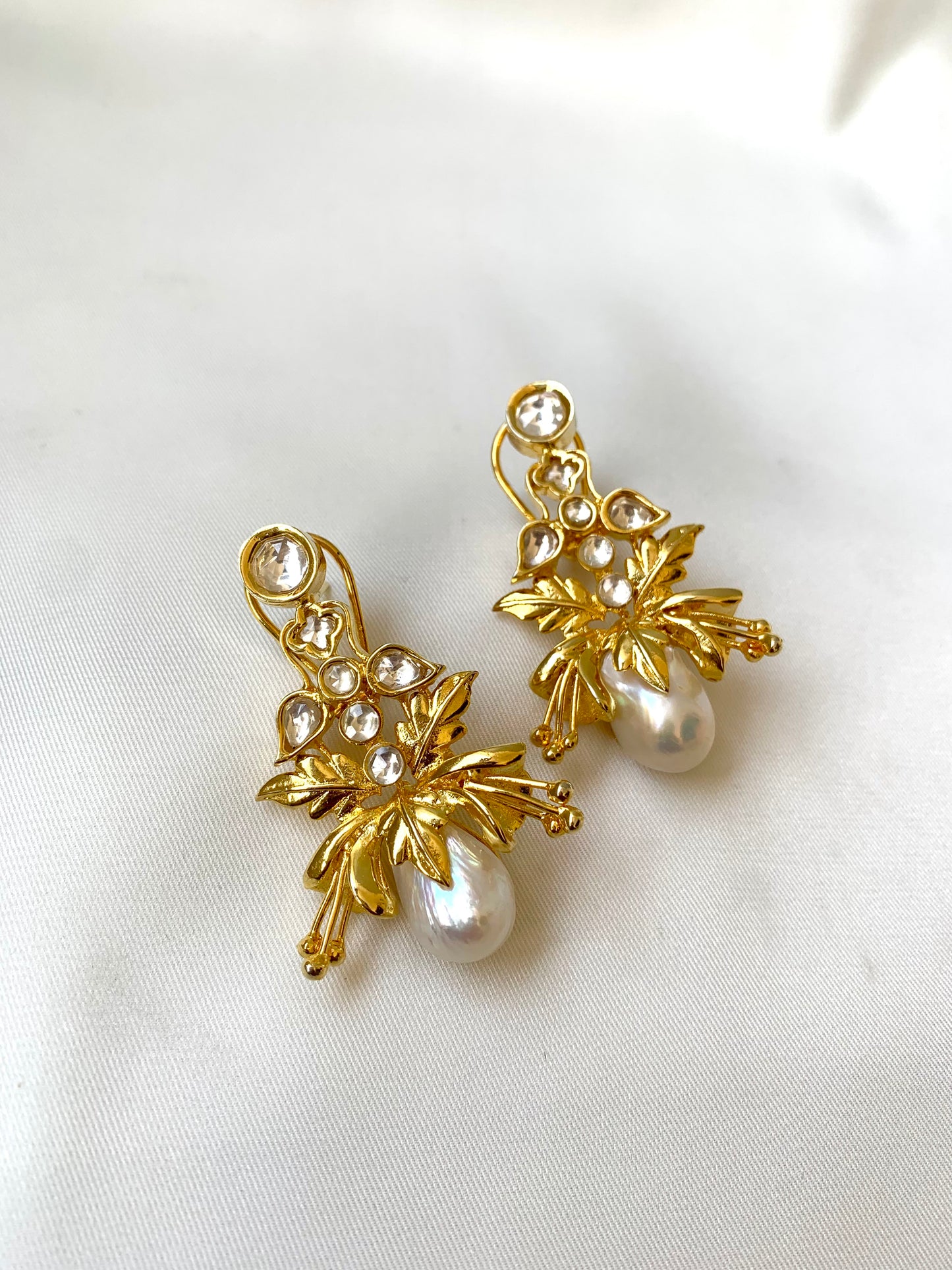 Rangrez handcrafted gold plated designer earrings with baroque pearls and polki kundan