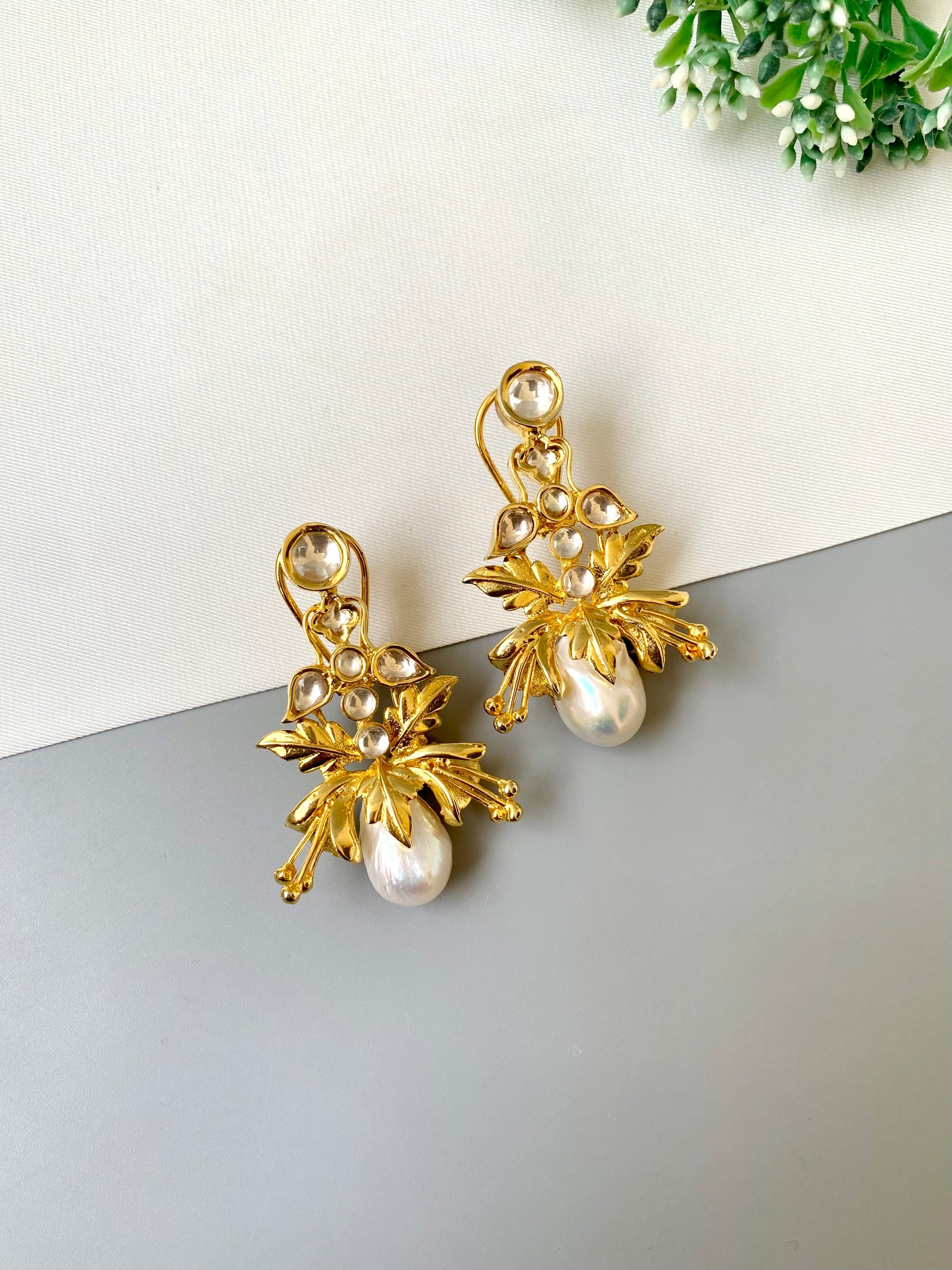 Rangrez handcrafted gold plated designer earrings with baroque pearls and polki kundan