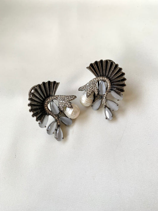 Ravaa grey designer earrings in rhodium plating with baroque pearls, American diamonds and semi-precious grey onyx