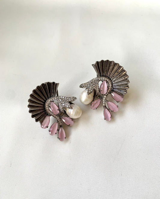 Ravaa pink designer earrings in rhodium plating with baroque pearls, American diamonds and semi-precious pink onyx