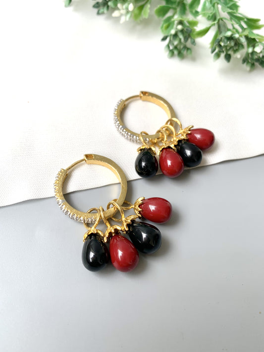 Convertible earrings with Coral and Onyx droplets, gold hoop with American Diamonds by Zamal Jewels