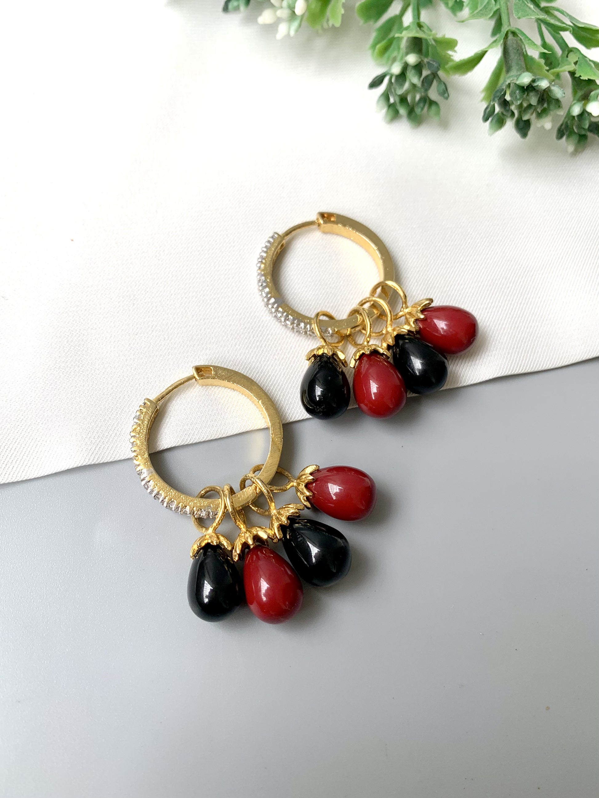 Convertible earrings with Coral and Onyx droplets, gold hoop with American Diamonds by Zamal Jewels